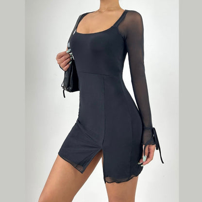 Long sleeve slit mesh square neck mini dress  | Festival Outfits Women