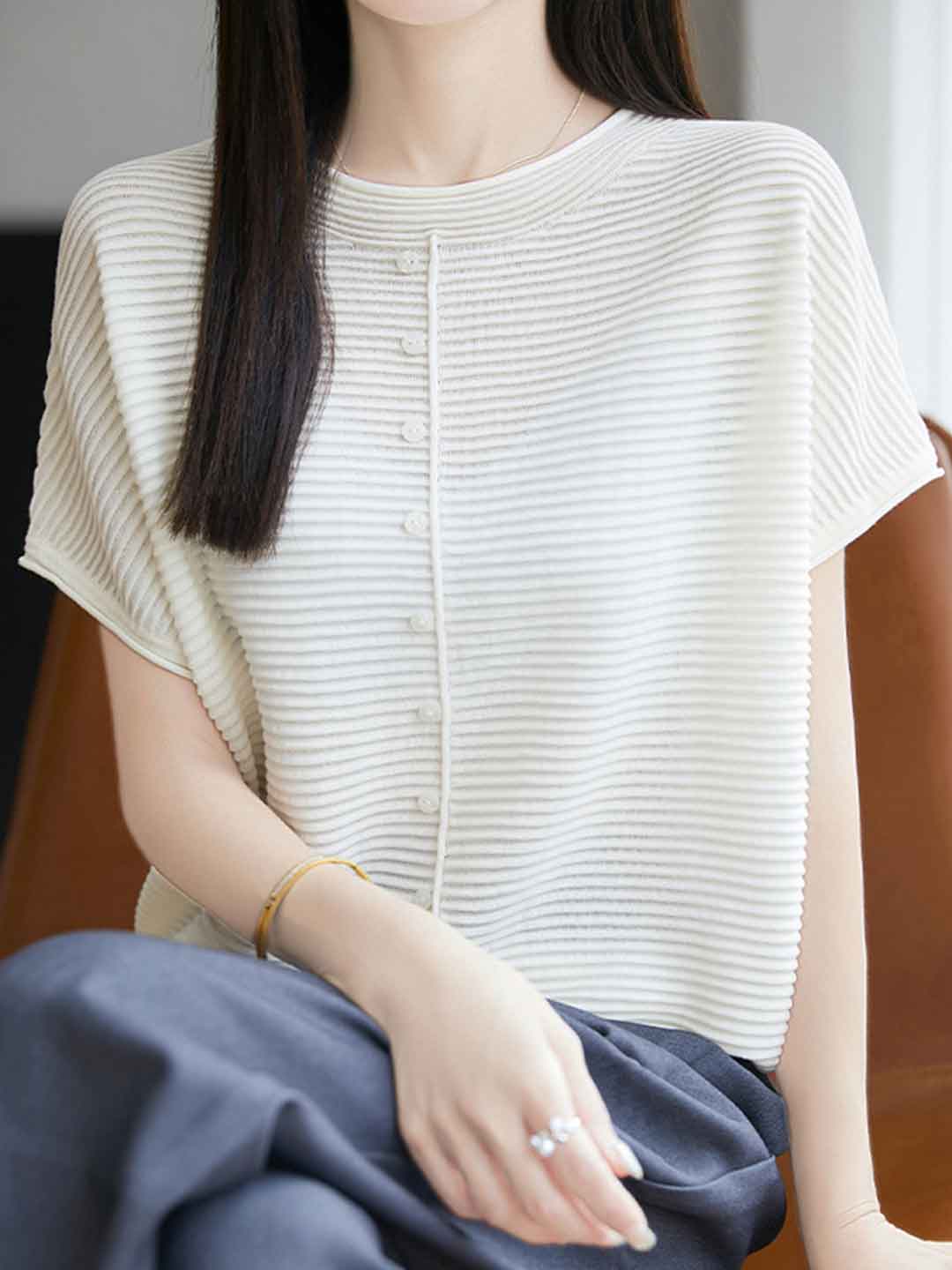 Khloe Classic Crew Neck Striped Solid Color Knitted Top