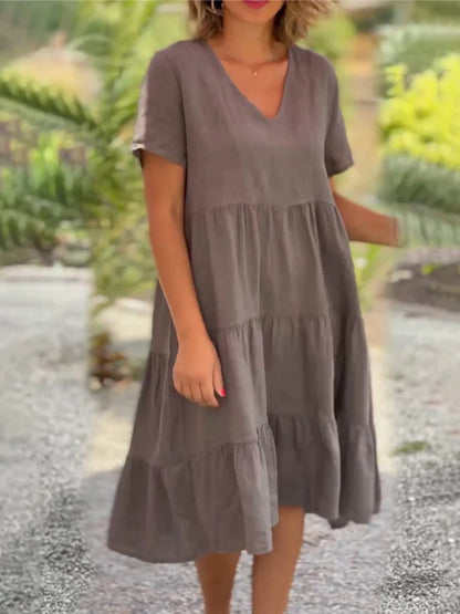 V-neck Large Skirt Short Sleeves Mini&Short Dresses