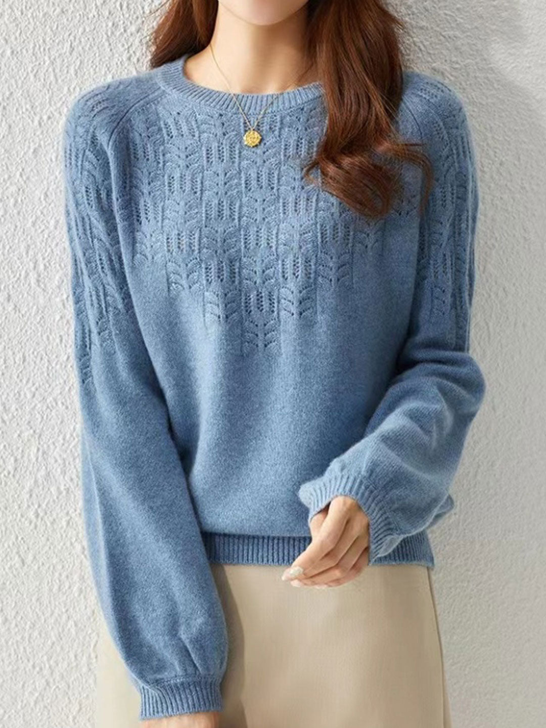 Lauren Elegant Crew Neck Lantern Sleeve Hollowed Top