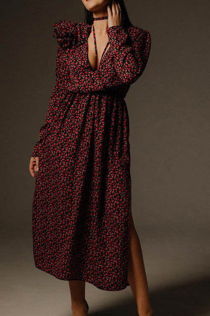Bertha Flower V Neck Midi Dress