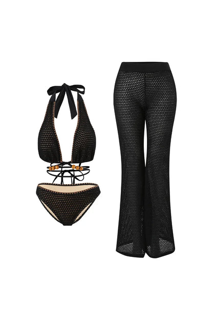 Conjunto de bikini negro con lazo y cuentas de punto