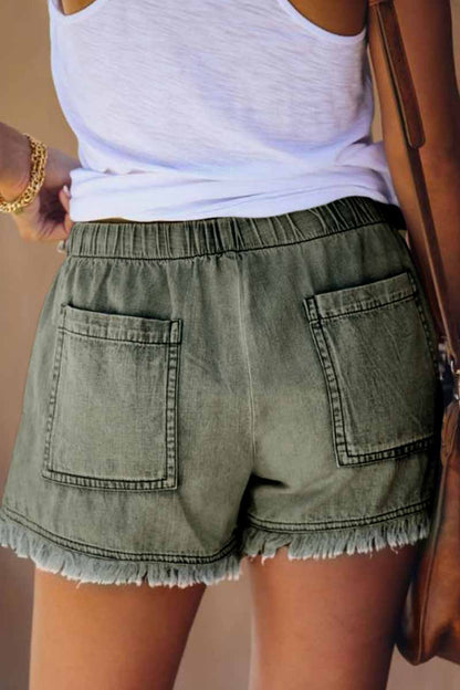 Lace-up Fringed Thin Denim Shorts