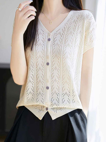 Mariah Elegant V-Neck Solid Color Jacquard Hollowed Cardigan