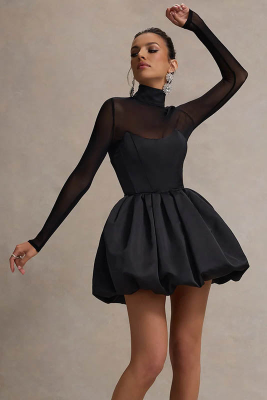 Vestido minivestido elegante de invierno de malla transparente, ajustado y abullonado
