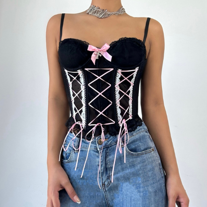 Bowknot button corset lace hem cami top  | Festival Outfits Women