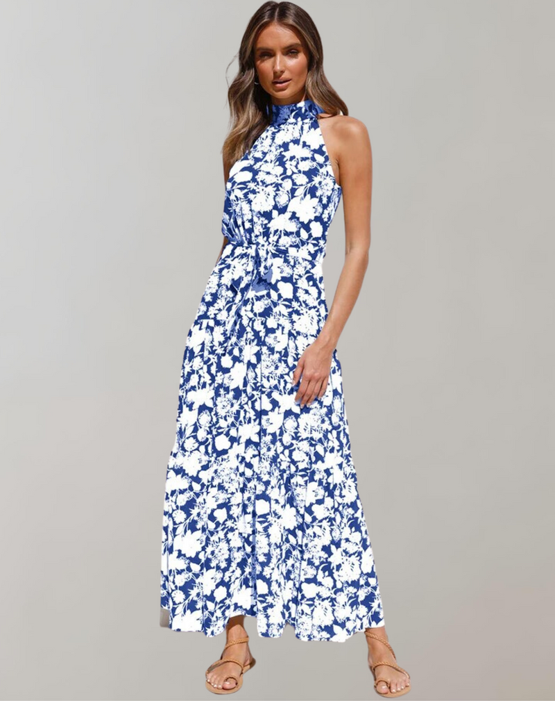 Vestido largo informal con cuello halter y estampado de lunares para mujer | Ideal para primavera/verano