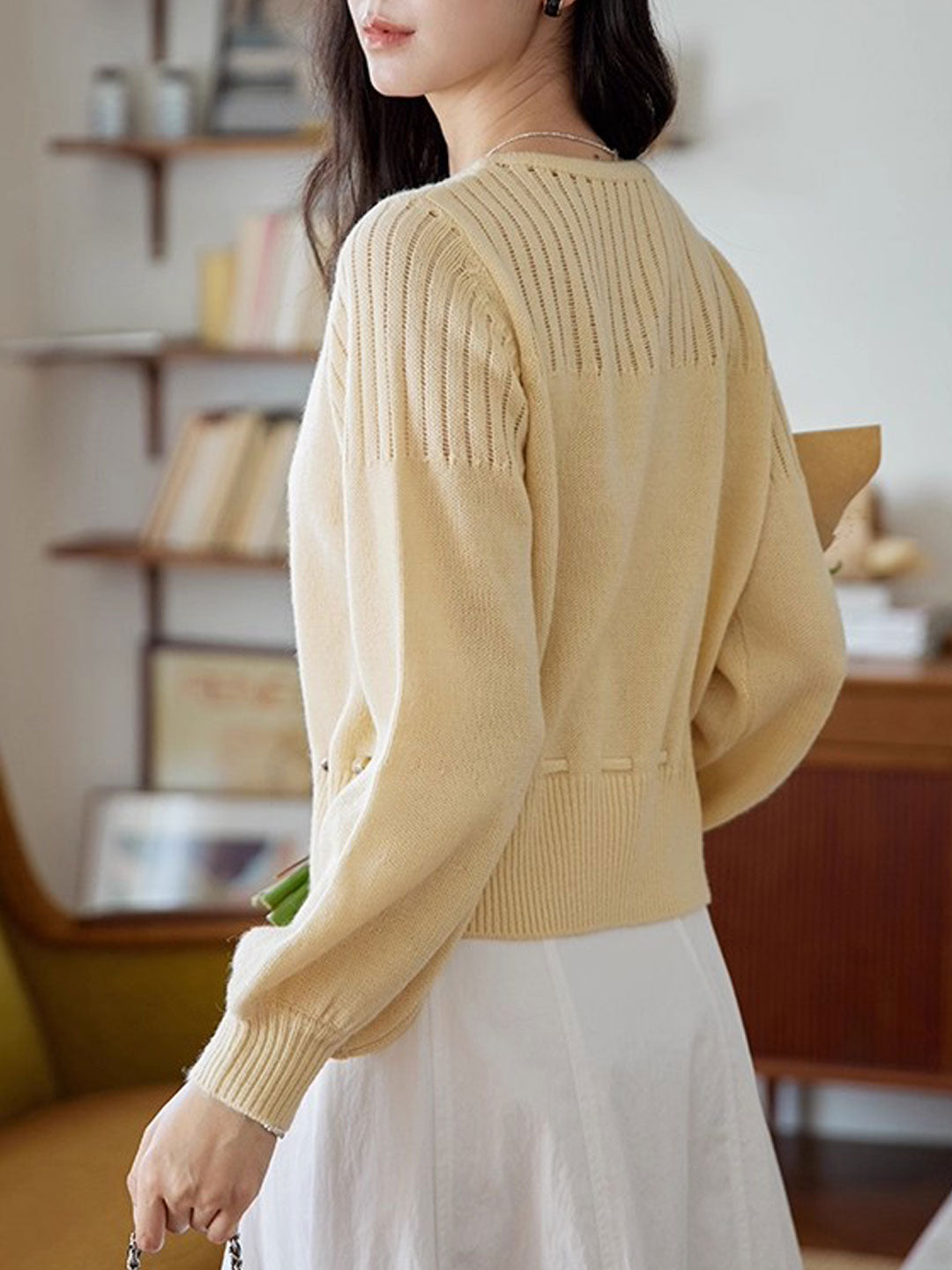 Peyton Retro Crew Neck Beaded Drawstring Knitted Cardigan