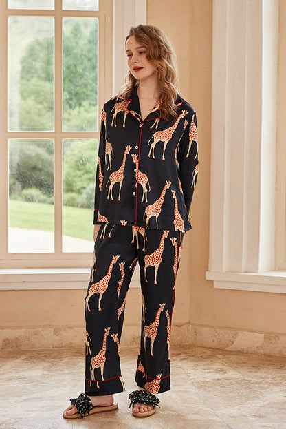 Conjunto de pijama de seda helada de manga larga con diseño de jirafa - Negro