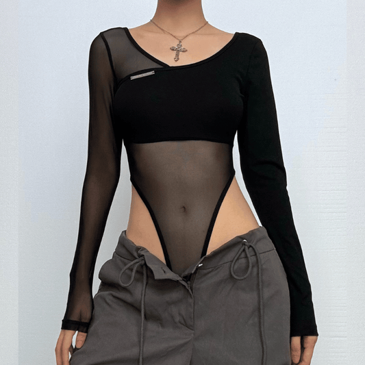 Long sleeve mesh metal tag patchwork bodysuit  | Festival Outfits Women