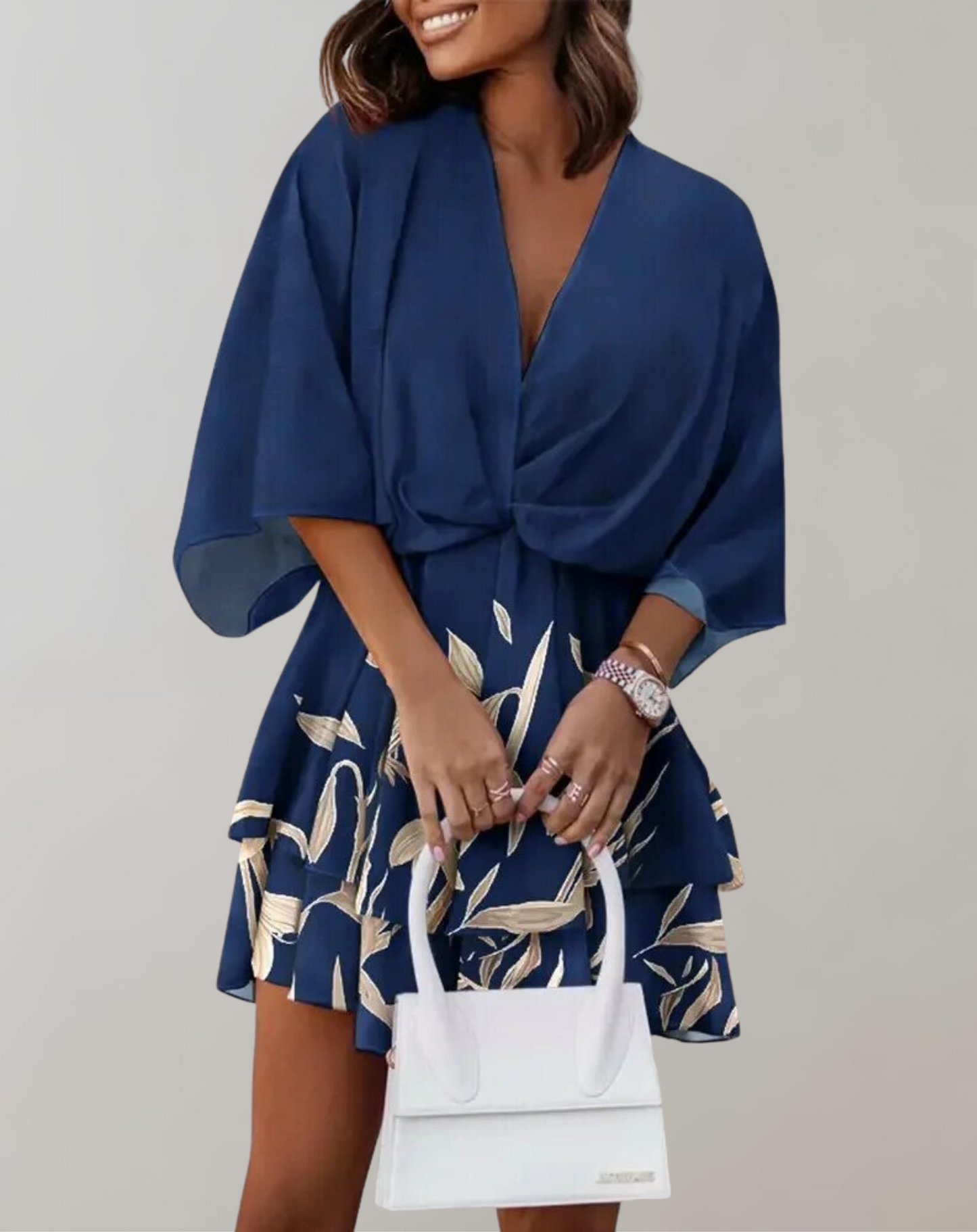 Vestido midi clásico con cuello en V y mangas murciélago para mujer | Ideal para primavera/verano