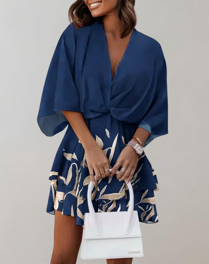Vestido midi clásico con cuello en V y mangas murciélago para mujer | Ideal para primavera/verano