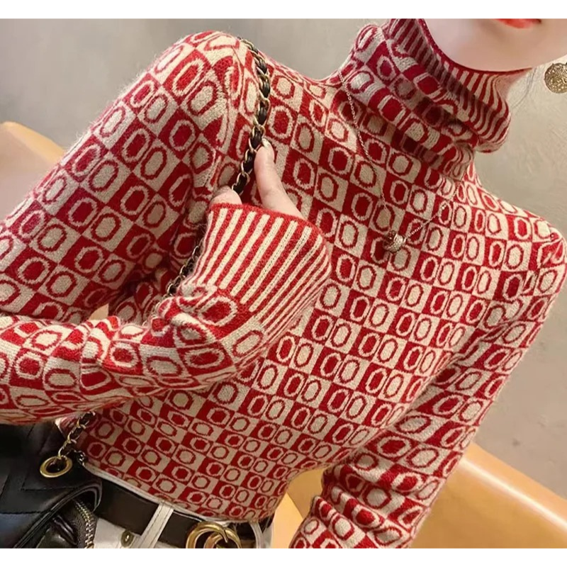 Jersey de cuello alto de jacquard, elegante y ajustado para mujer | Ideal para otoño/invierno