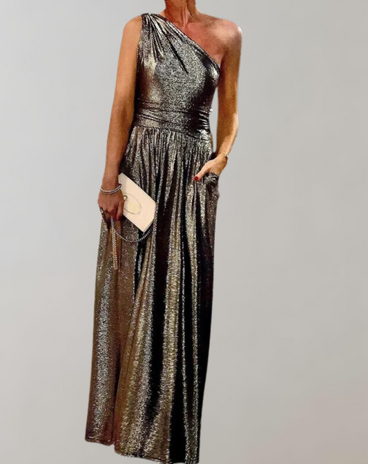 Vestido sin mangas con brillo metálico y abertura frontal para mujer | Ideal para primavera/verano