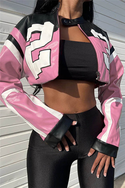Chaqueta de motociclista de piel sintética bordada