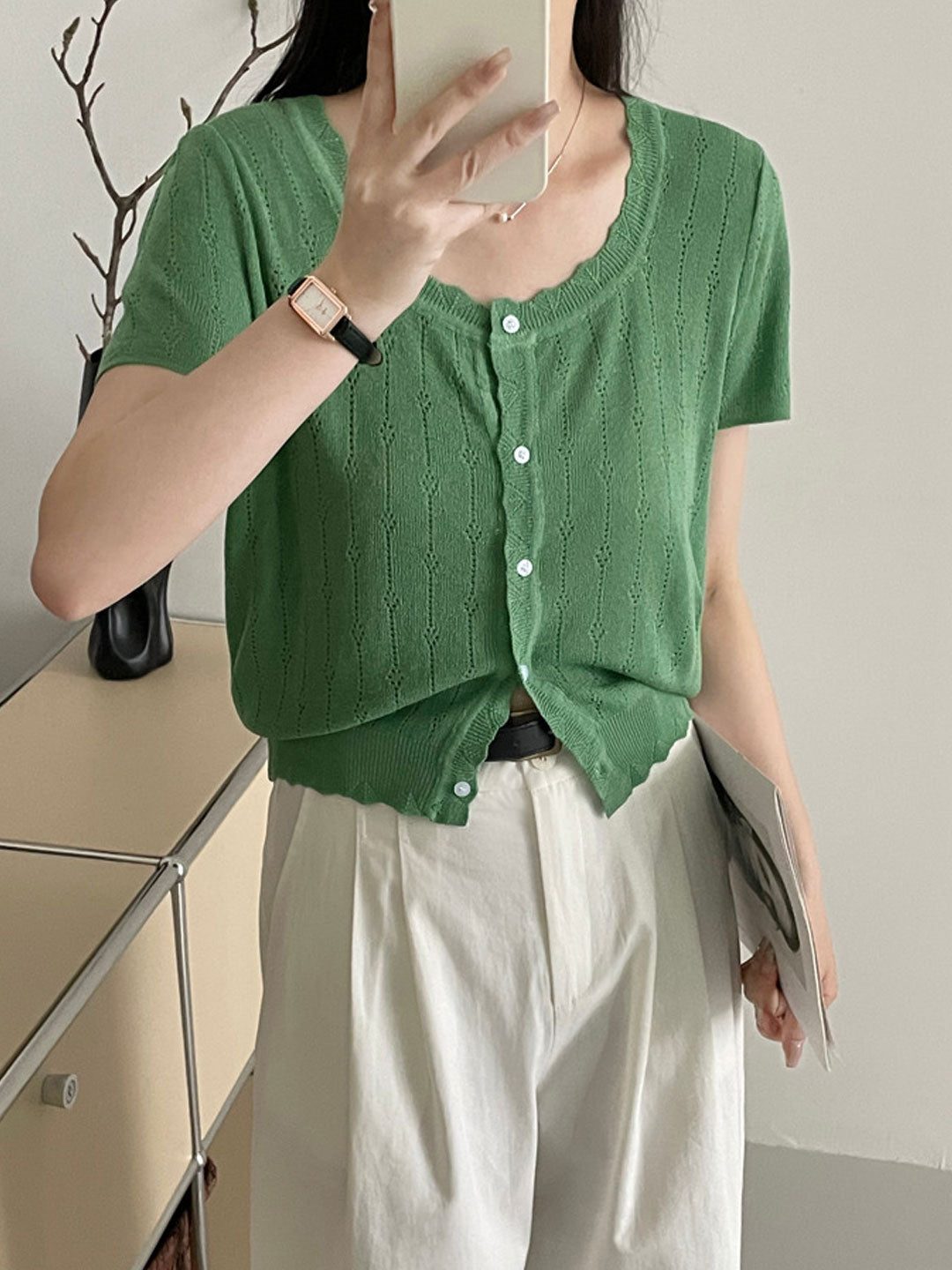 Madison Vacation Crew Neck Hollowed Jacquard Knitted Top