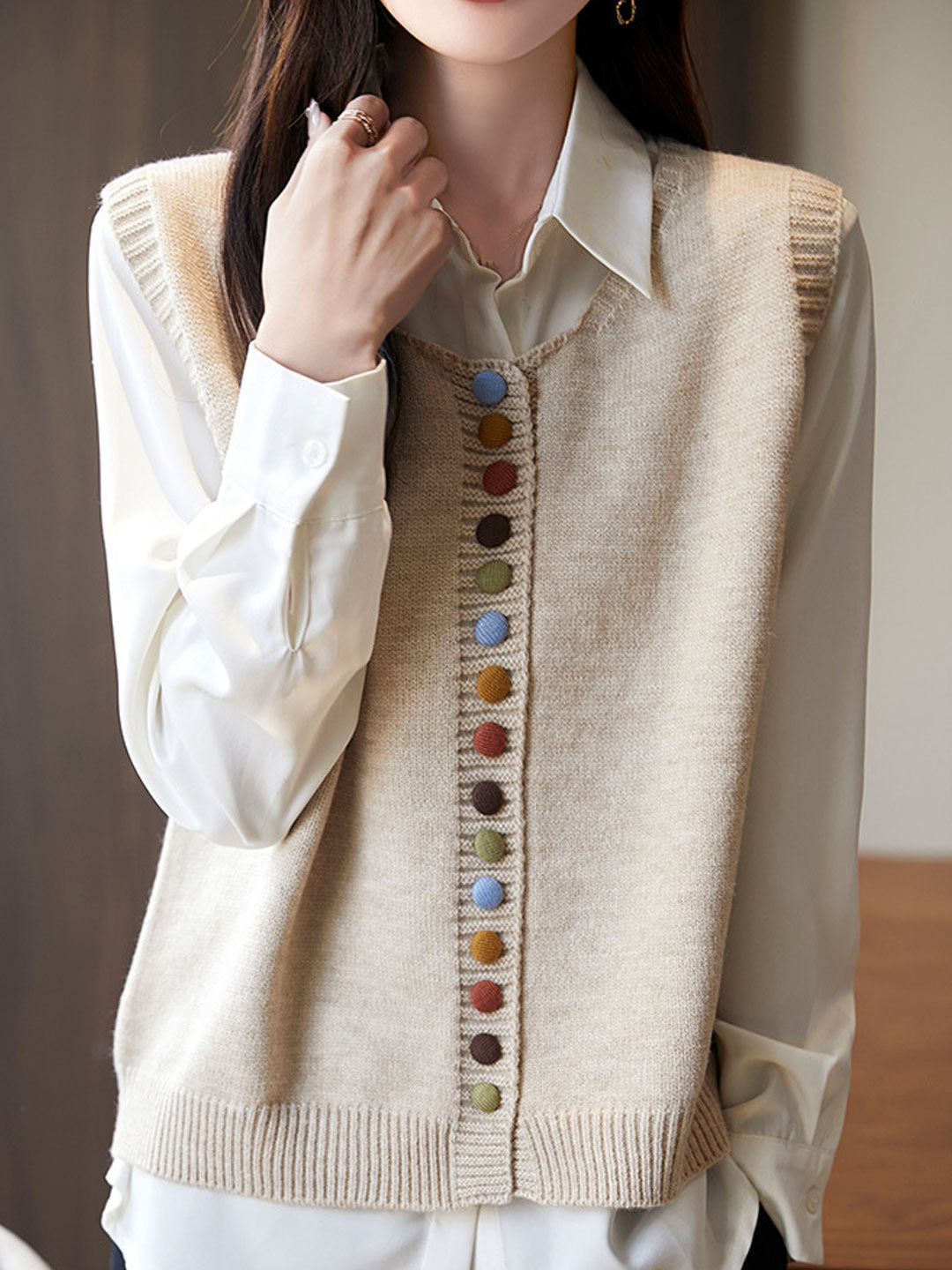 Sophia Vintage Crew Neck Knitted Vest-Black