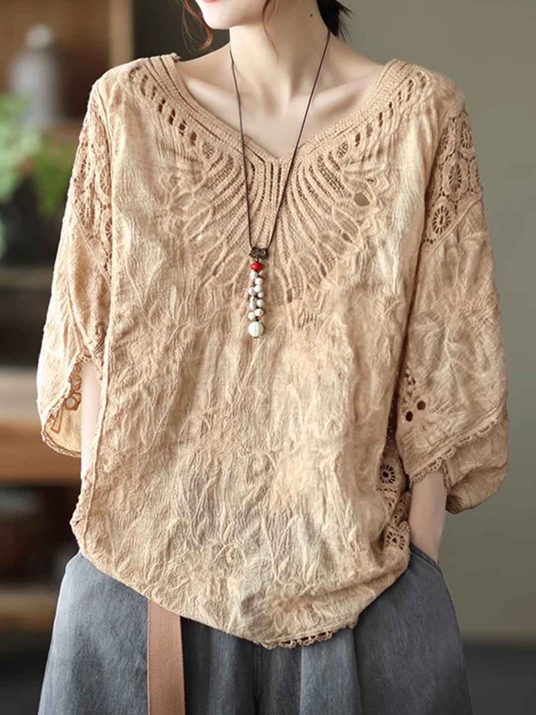 Maya Loose V-Neck Hollowed Crochet Top