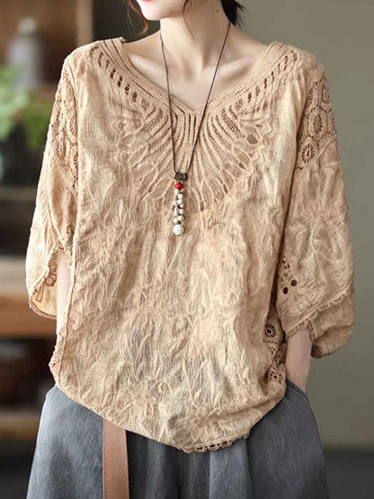 Maya Loose V-Neck Hollowed Crochet Top
