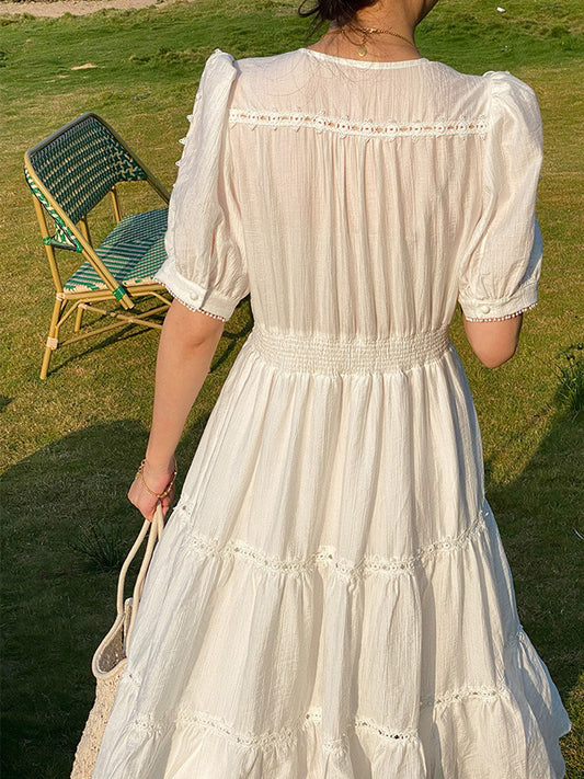 Zoey Elegant V-neck Puff Sleeve Hollowed Dress