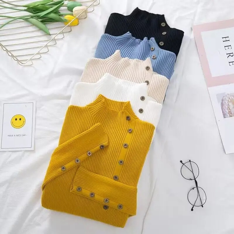 Jersey de cuello alto ajustado de punto elástico para mujer con botones | Ideal para otoño/invierno