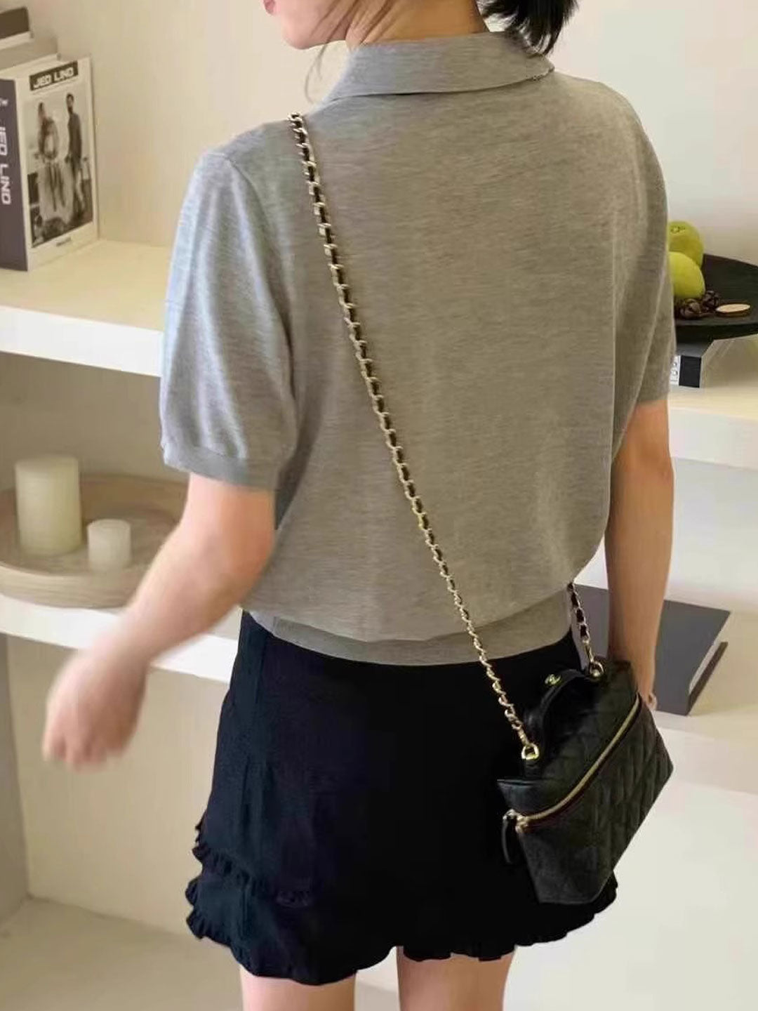 Maria Elegant Polo Collar Knitted Top-Navy Blue