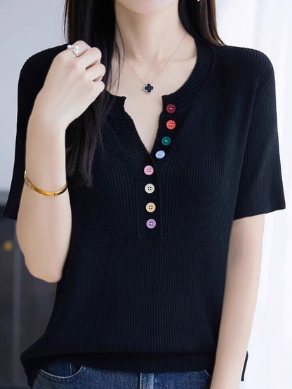 Mariah Loose Color Button Solid Color Top