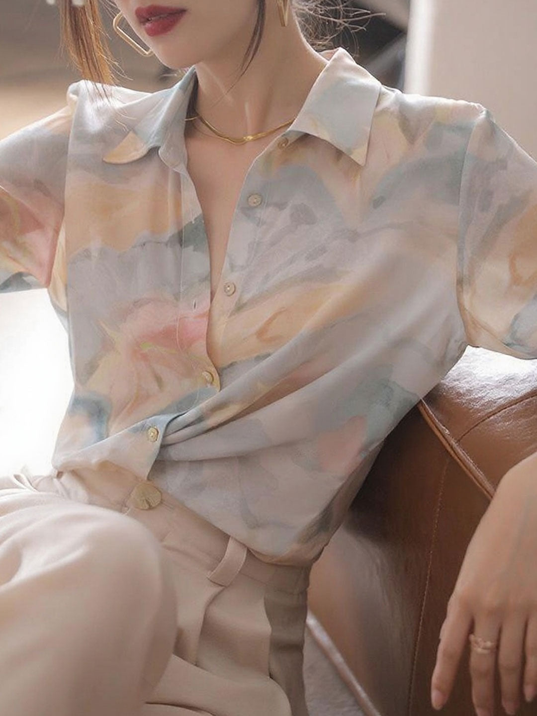 Maria Elegant Lapel Printed Satin Shirt