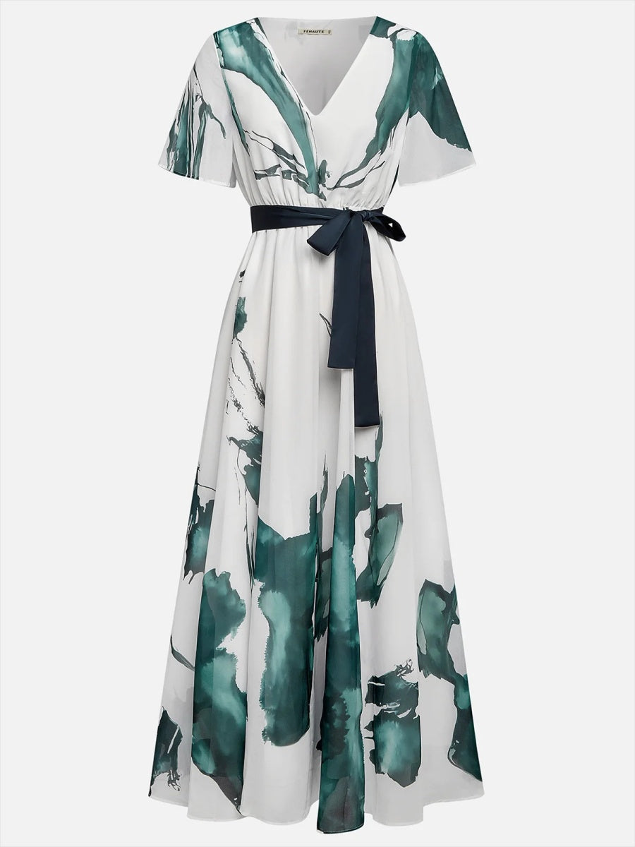 V-neck Digital Printing Thin Rope Short-sleeved Long Dress