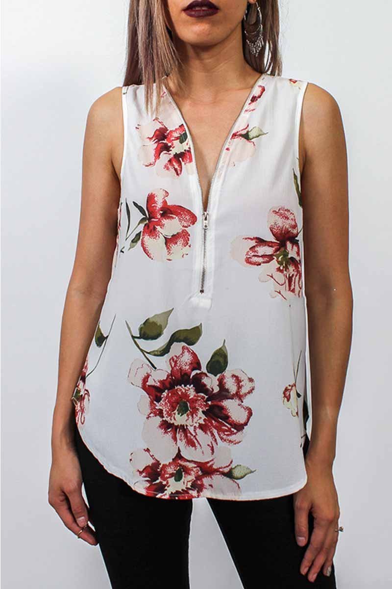 Summer Fashion Zipper Design Floral Tank Top