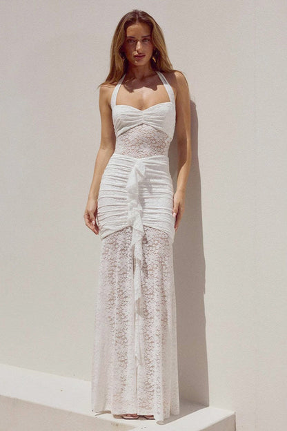 Halterneck Lace Patchwork Ruched Dress