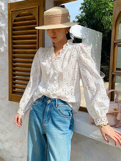 Julia Elegant V-Neck Puff Sleeve Embroidered Top