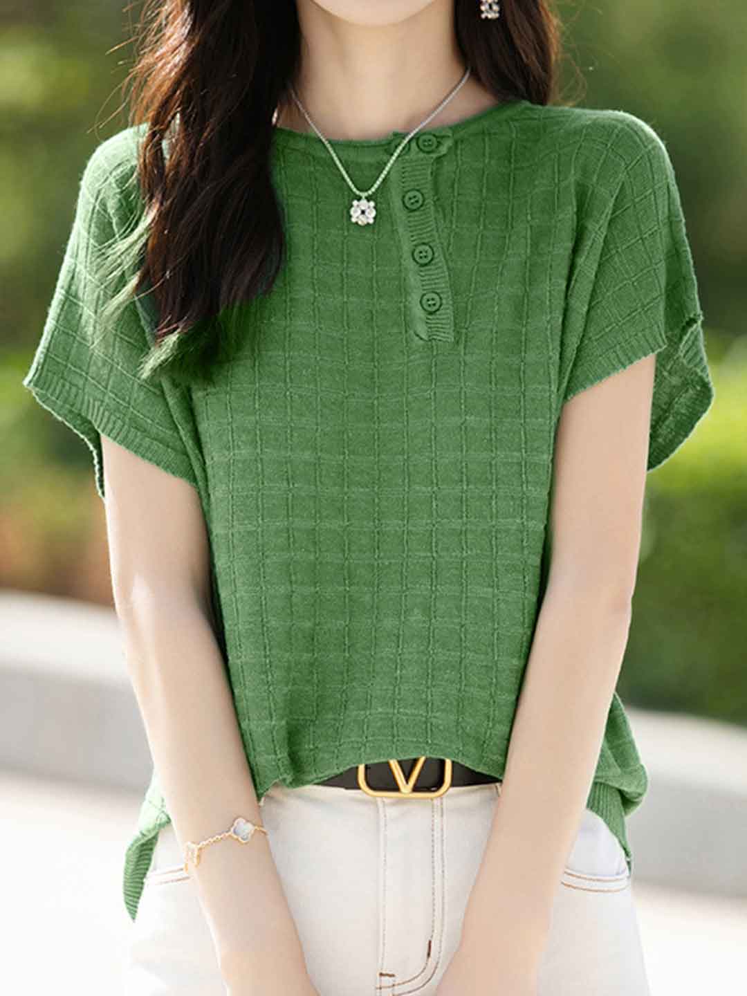 Maya Loose Crew Neck Plaid Knitted Top