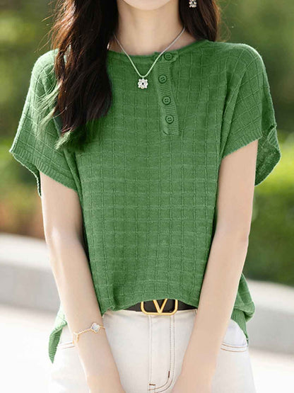 Maya Loose Crew Neck Plaid Knitted Top