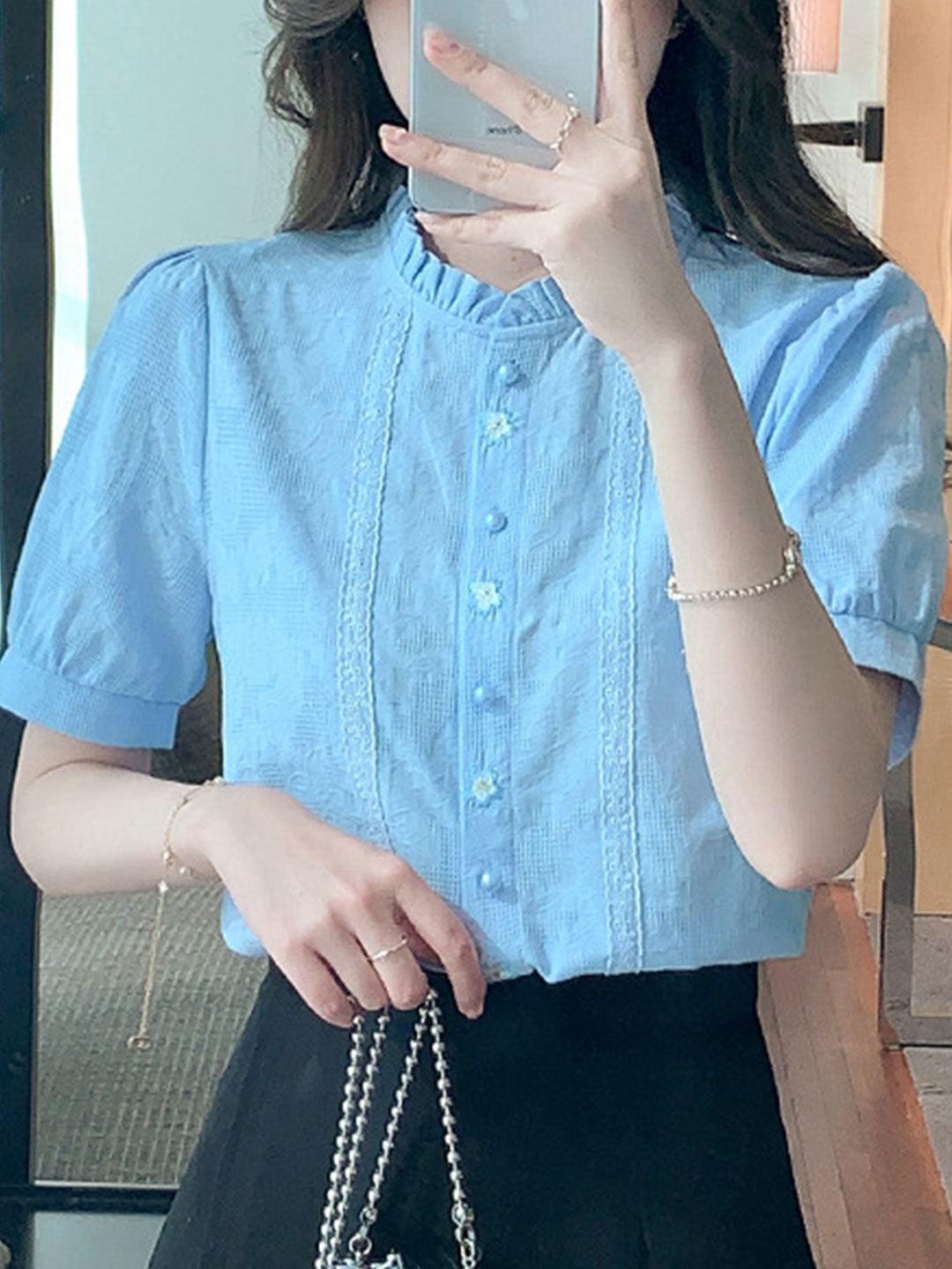 Lauren Retro Embroidered Jacquard Shirt-Blue