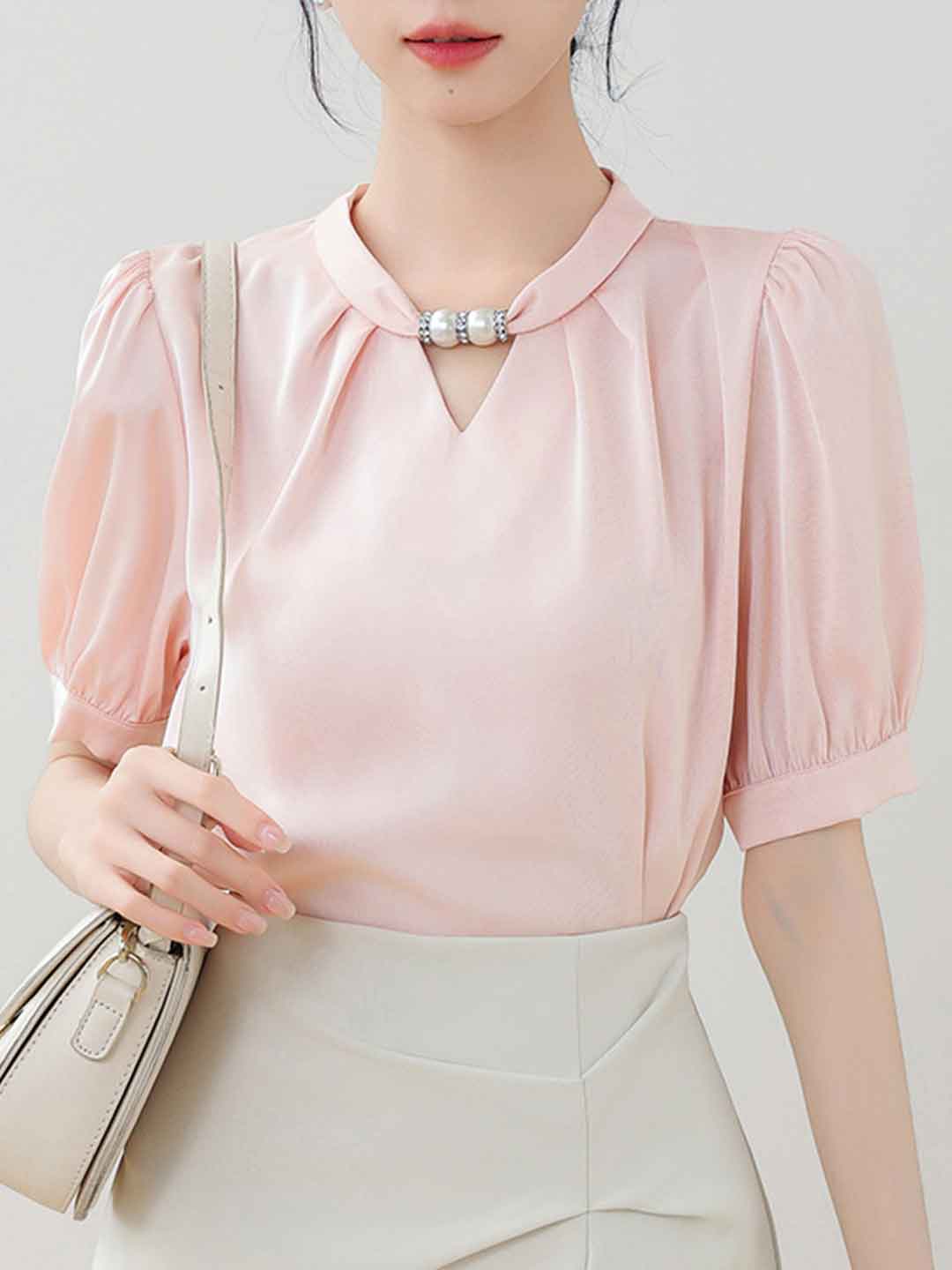 Morgan Classic Crew Neck Beaded Halter Satin Shirt