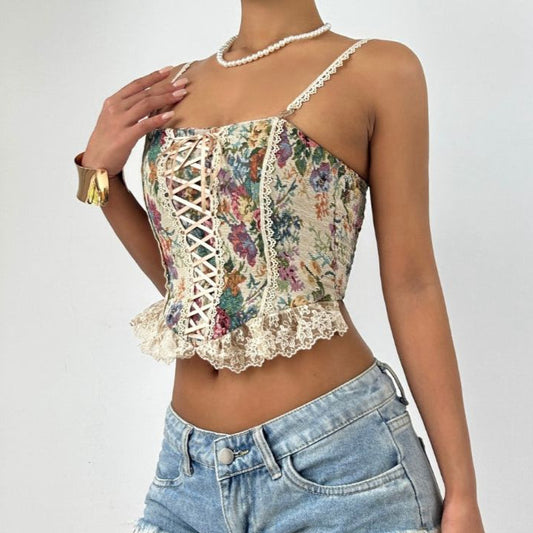 Lace up smocked lace hem flower pattern cami top  | Festival Outfits Women