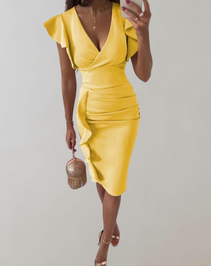 Vestido elegante de cintura alta para mujer con vuelo y manga corta con volantes | Ideal para primavera/verano