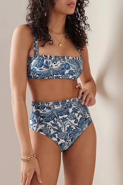 Conjunto de traje de baño con falda con volantes de libélula azul