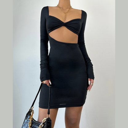 Long sleeve hollow out v neck ruched cut out mini dress  | Festival Outfits Women