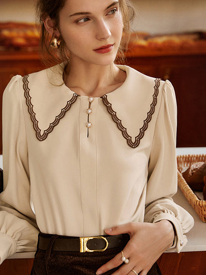 Lauren French Style Embroidered Doll collar Chiffon Blouse