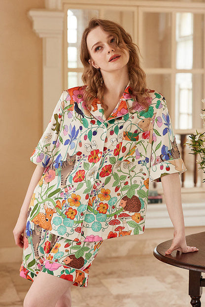 Conjunto de ropa de estar por casa corto de seda helada con estampado de jardín de bosque blanco