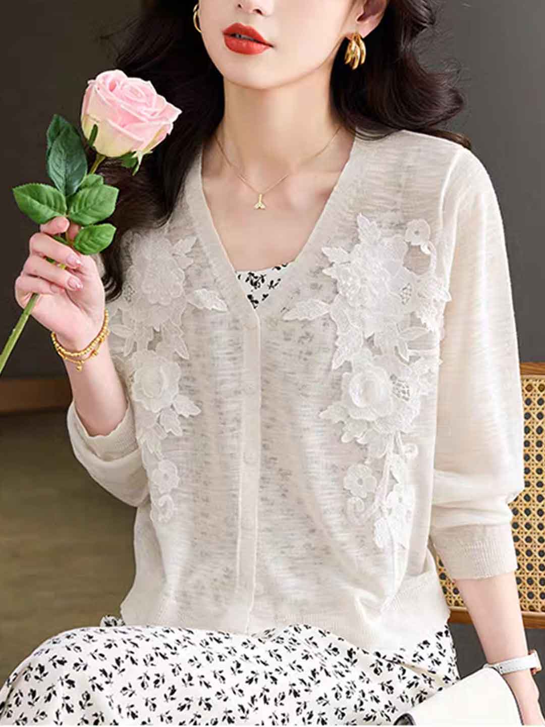 Zoe Elegant V-Neck Hollowed Embroidered Knitted Cardigan