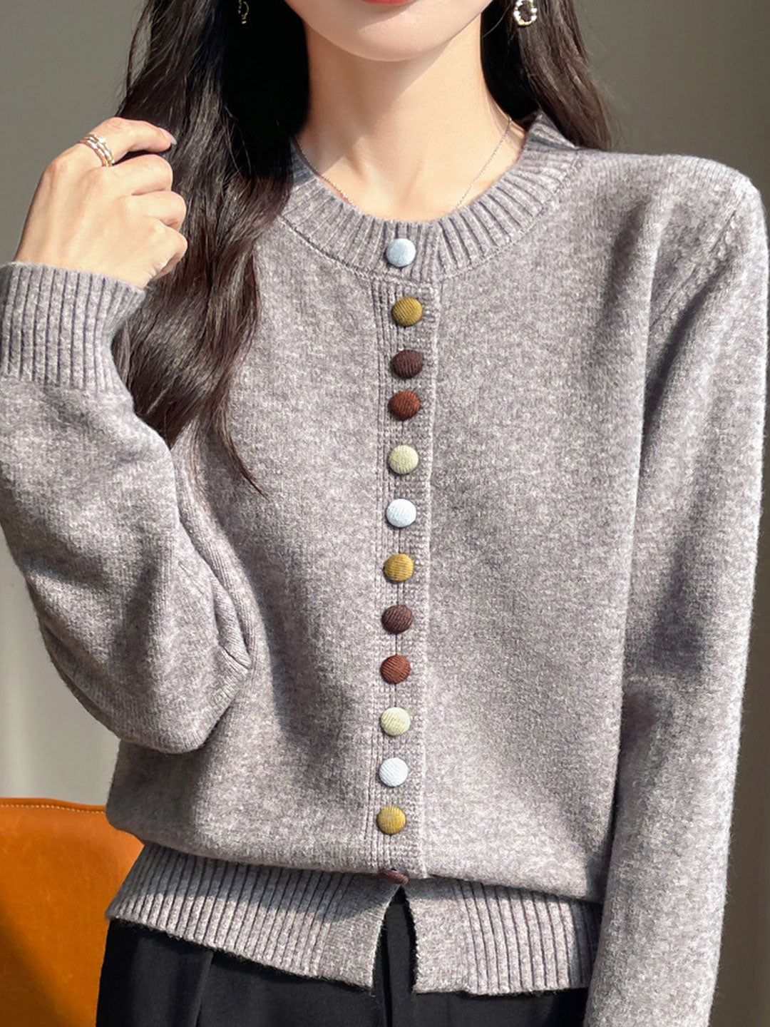Sophia Classic Crew Neck Colorful Button Knitted Cardigan-Apricot