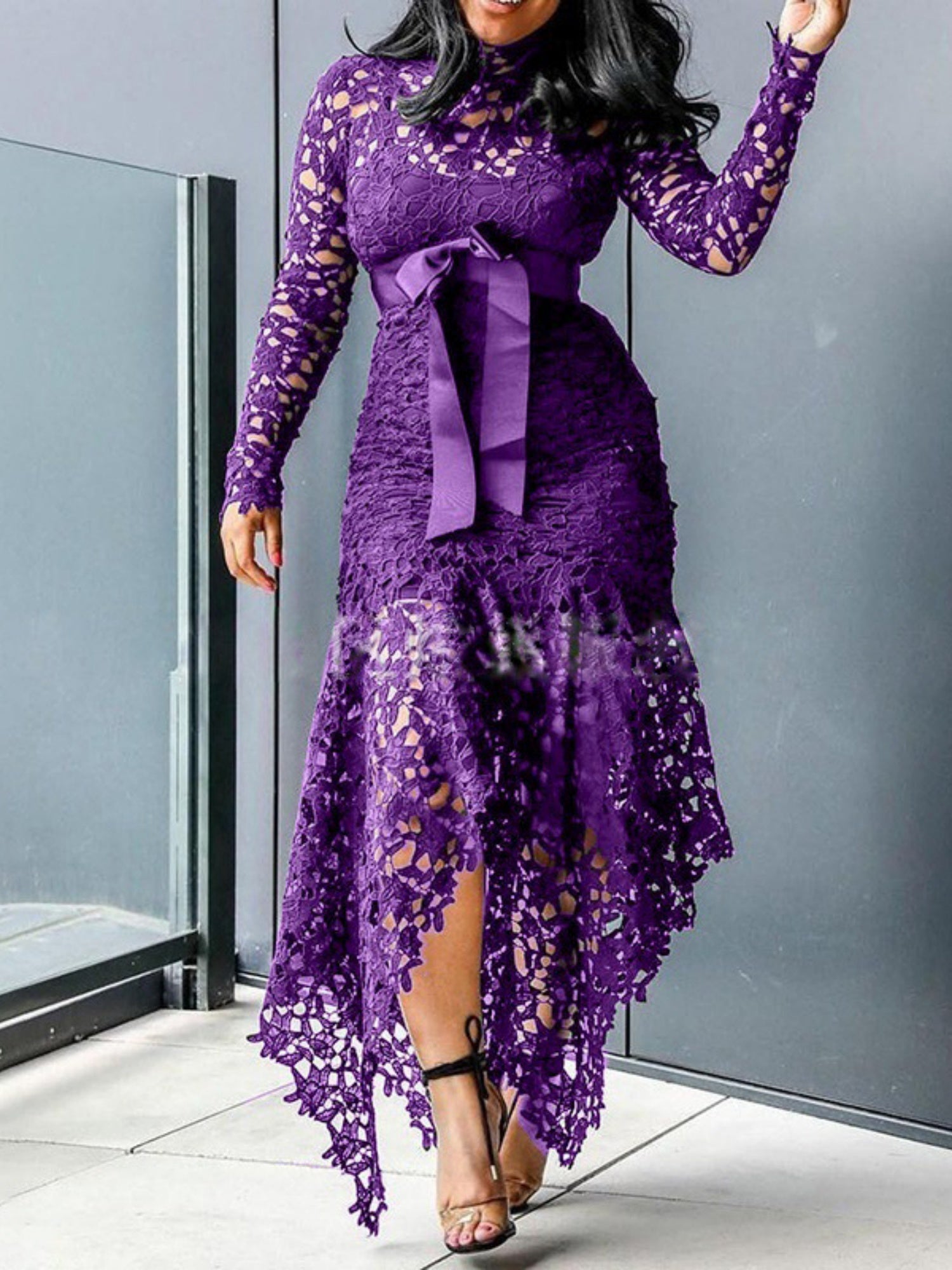 Lace Cutout Lace Up Stand-up Collar Long Sleeves Maxi Dresses