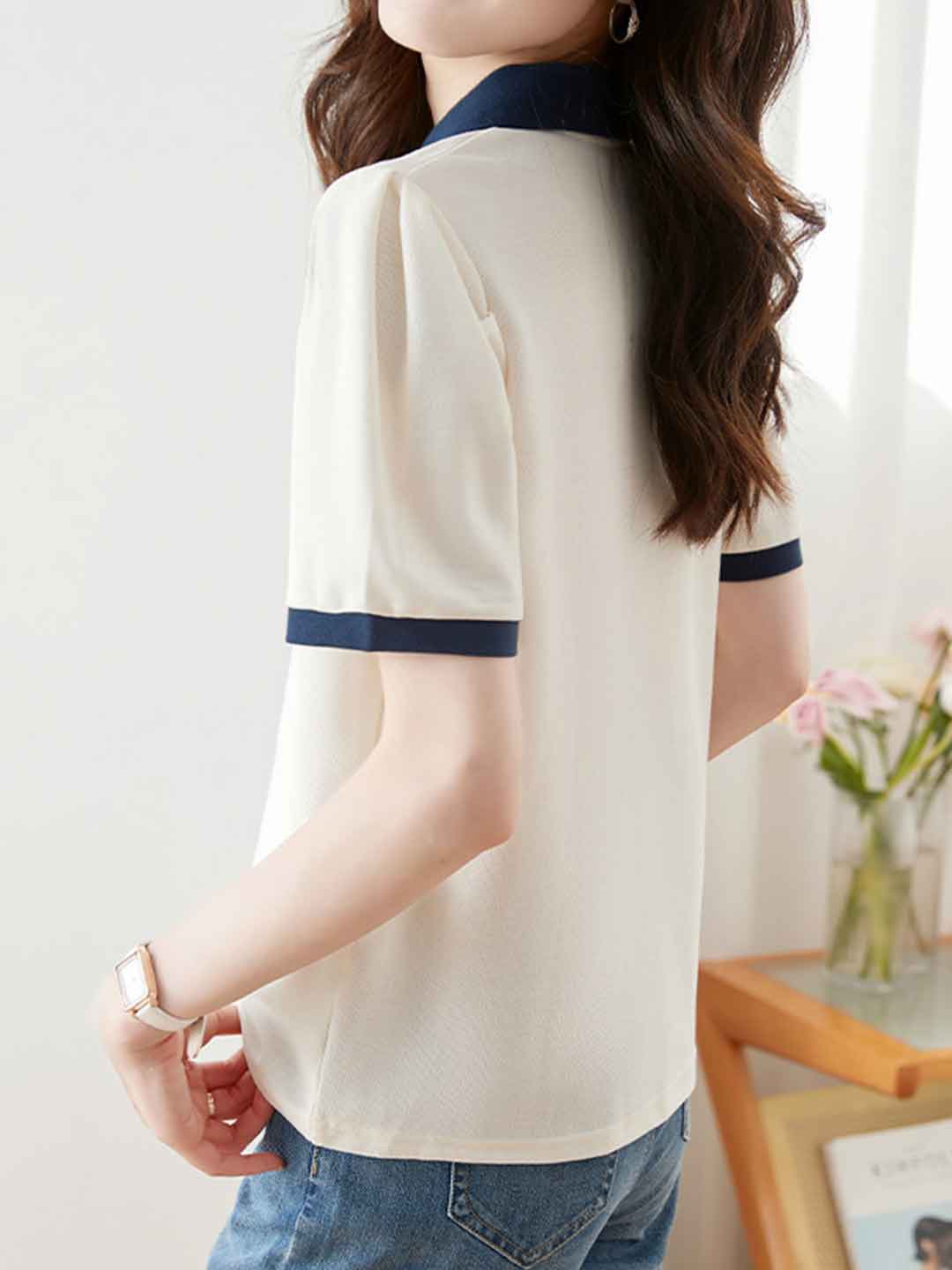 Morgan Casual Polo Collar Solid Color Top