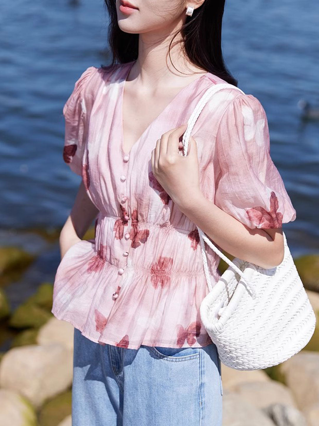 Kylie Elegant V-Neck Puff Sleeve Butterfly Printed Top
