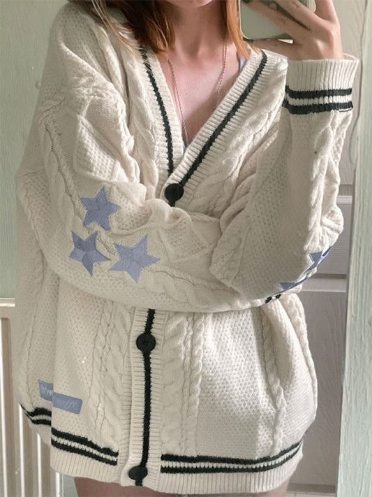 Oversize Star Embroidered Cable Knit Cardigan