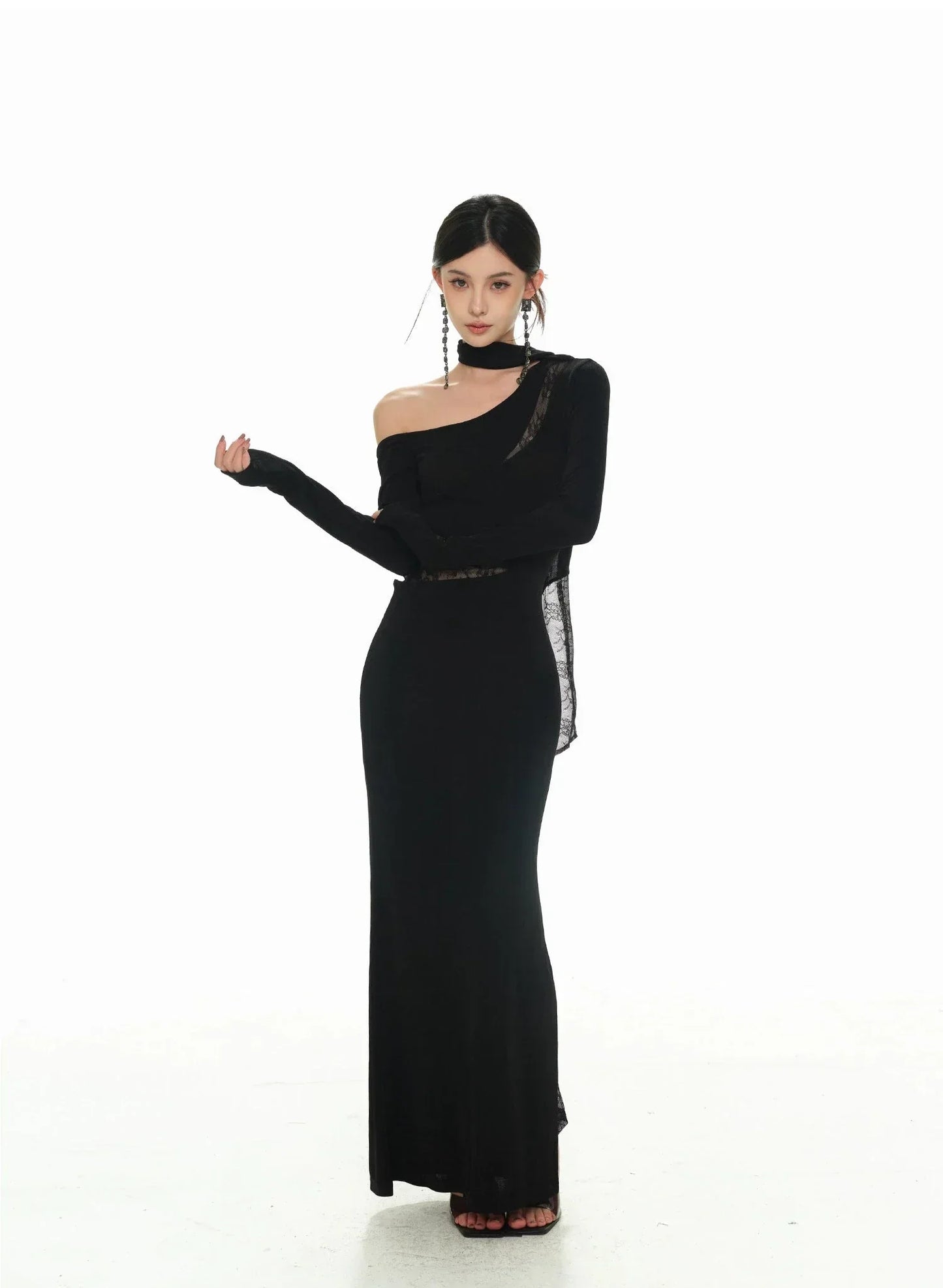 Black Asymmetric Neckline and Lace Inserts Long Evening Gown
