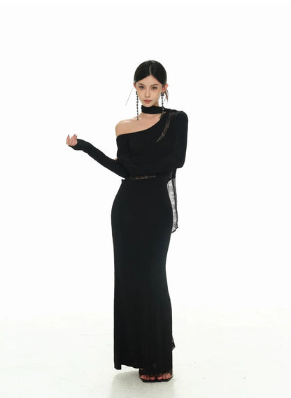 Black Asymmetric Neckline and Lace Inserts Long Evening Gown